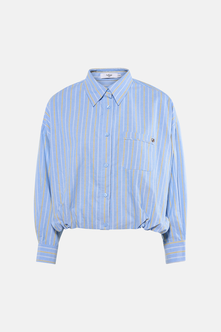 Chemise à manches longues bleue de ADORE, à rayures jaunes et blanches, avec poche poitrine.