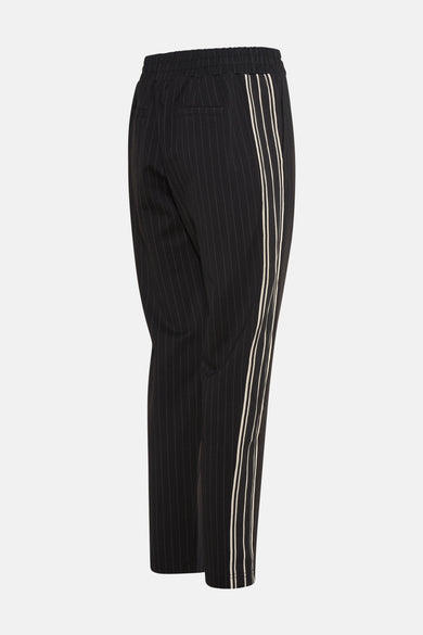 Zwarte joggingbroek van Le Temps des Cerises met fijne strepen en contrasterende zijstrepen.