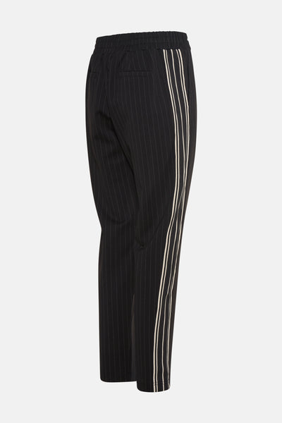 Zwarte joggingbroek van Le Temps des Cerises met fijne strepen en contrasterende zijstrepen.
