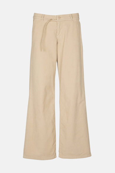 Beige broek van Le Temps des Cerises, wijde pasvorm, met trekkoord in de taille.