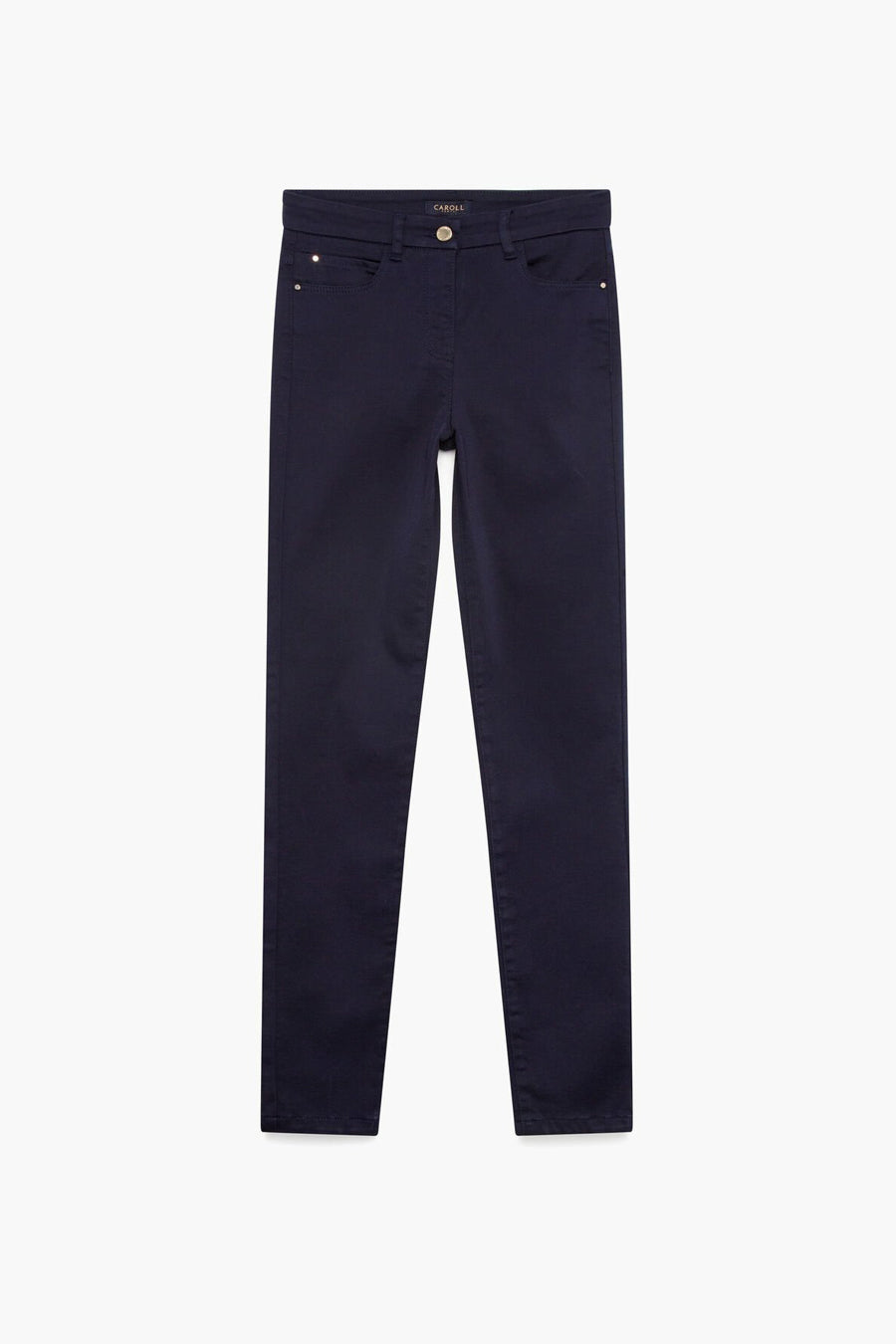 Gekleurde blauwe broek van CAROLL, met voorzakken, nauwsluitende pasvorm.