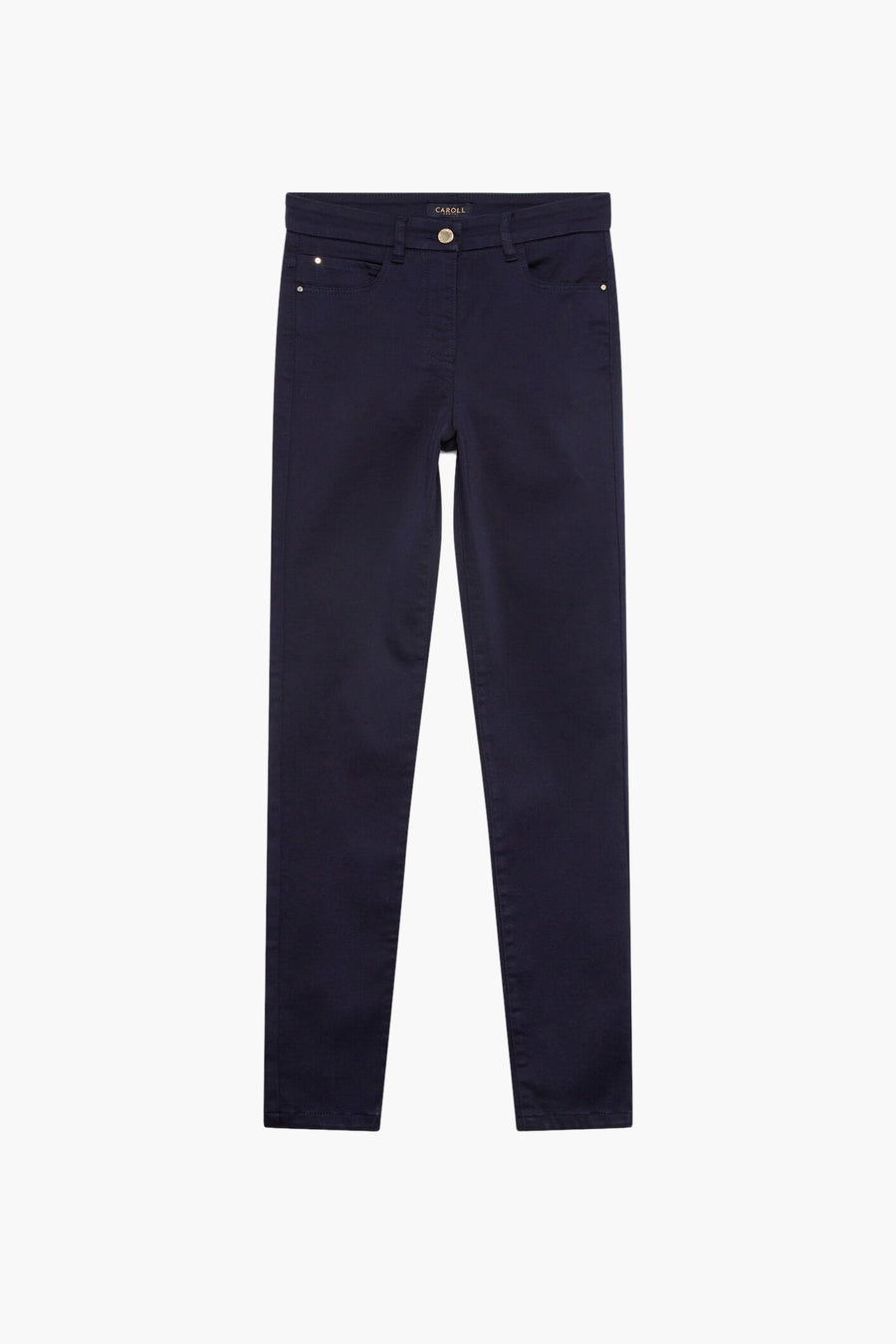 Gekleurde blauwe broek van CAROLL, met decoratieve gouden klinknagels op de zakken, gepresenteerd op een witte achtergrond.