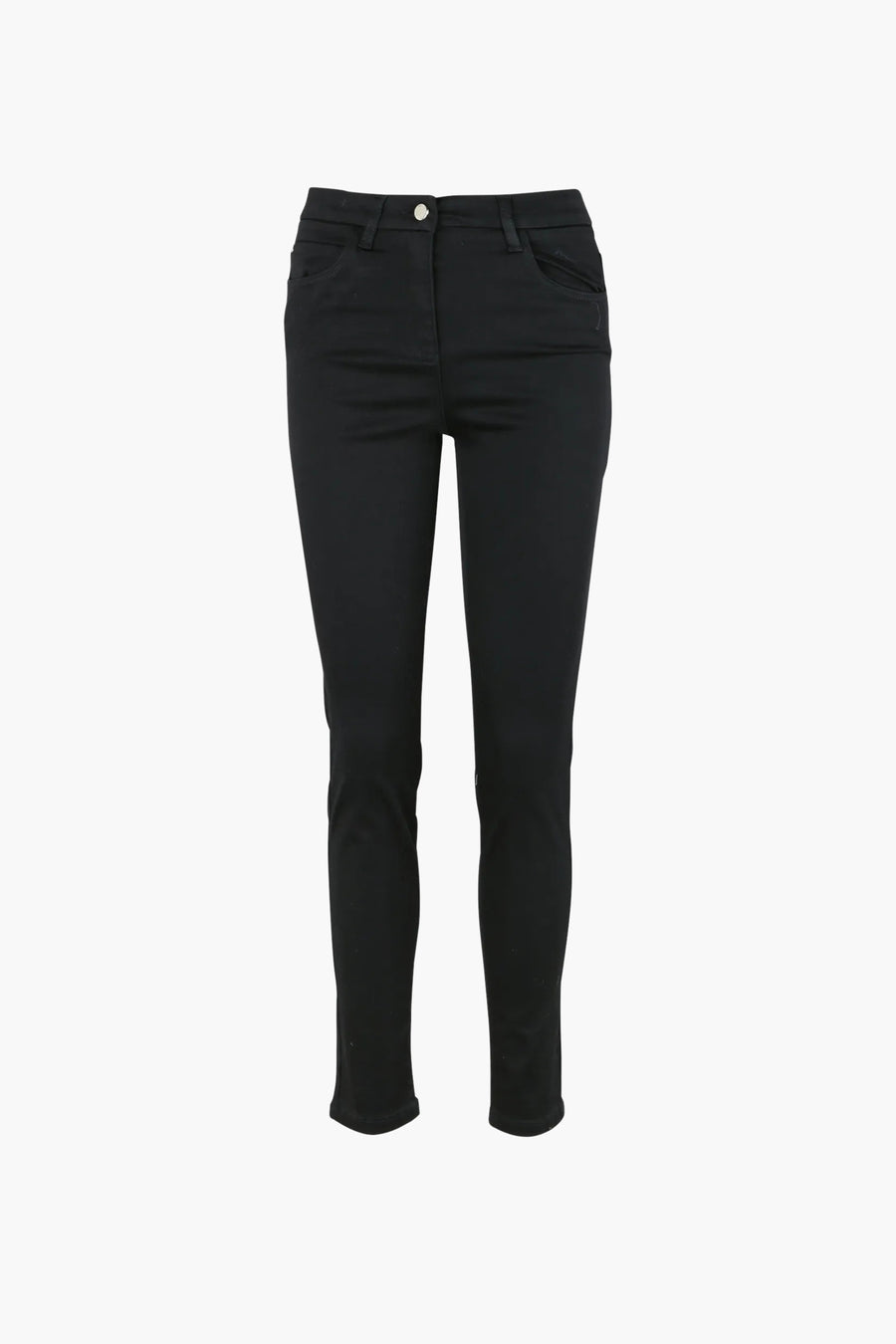 Zwarte broek van CAROLL, rechte pasvorm, met voorzakken en zilveren knoopsluiting.