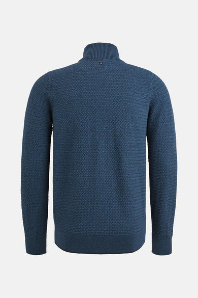 Gilet bleu de PME Legend, avec une texture tricotée distinctive et un col montant.
