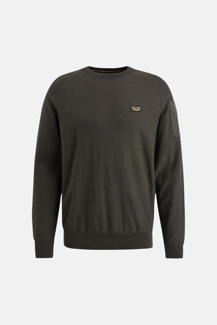 Kaki ronde hals trui van PME Legend met een logopatch op de borst en een zak op de mouw.