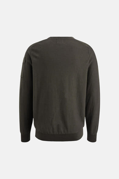 Pull à col rond kaki de PME Legend, avec poche appliquée sur la manche gauche, vue de dos.