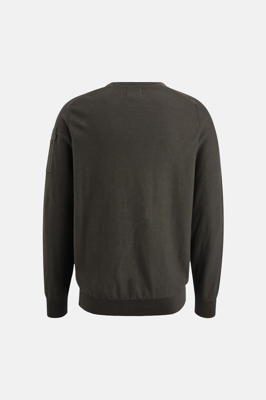 Pull à col rond kaki de PME Legend, avec poche appliquée sur la manche gauche, vue de dos.