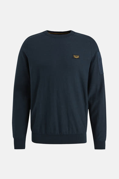 Ronde hals trui blauw van PME LEGEND, met zak op de linkermouw, achterzijde.