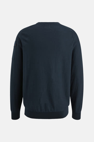 Pull à col rond bleu de PME LEGEND, avec poche sur la manche gauche, vue arrière.