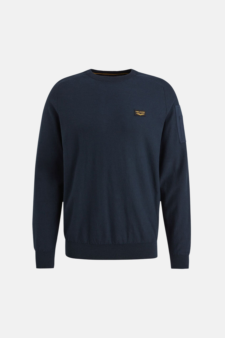Ronde hals trui van PME Legend in het blauw met een klein logo-embleem en een zak op de mouw.