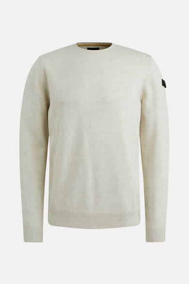 Beige ronde hals trui van PME Legend, van achteren gezien, met een zwarte patch op de linkermouw.
