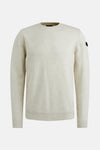 Beige ronde hals trui van PME Legend, van achteren gezien, met een zwarte patch op de linkermouw.