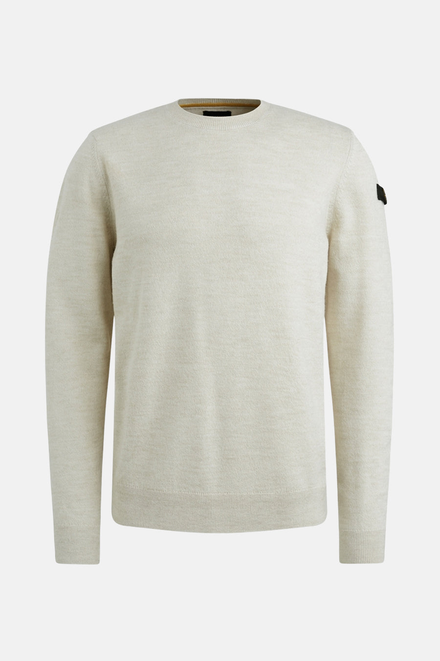 Beige ronde hals trui van PME Legend, van achteren gezien, met een zwarte patch op de linkermouw.