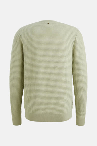 Pull à col rond vert de PME Legend, avec une texture gaufrée et un petit badge sur la nuque.
