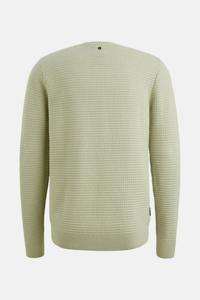 Pull à col rond vert de PME Legend, avec une texture gaufrée et un petit badge sur la nuque.
