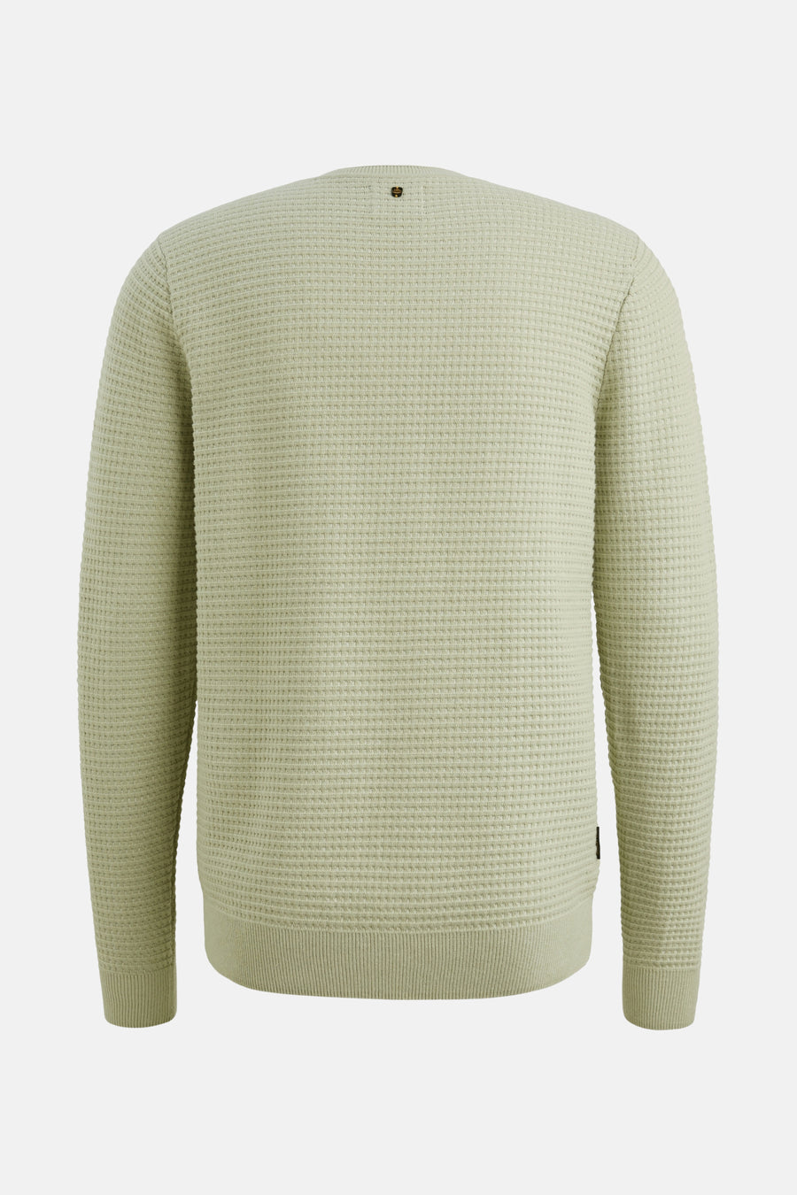 Pull à col rond vert de PME Legend, avec une texture gaufrée et un petit badge sur la nuque.
