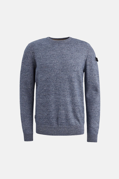 Ronde hals trui blauw van PME LEGEND, in gemêleerde brei met een zwarte patch op de arm.