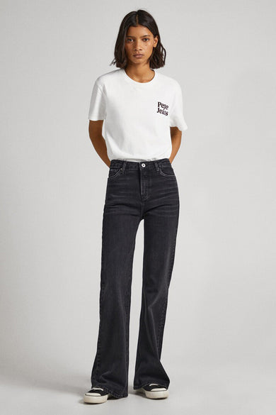 Dark blue flared jeans by Pepe Jeans, high-waisted with straight fit and subtle texture, full-length front view on model wearing white t-shirt and black sneakers.