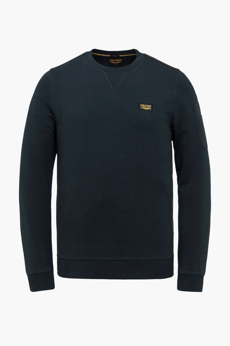 Ronde hals sweatshirt blauw van Pme Legend, met discreet logo op de borst en zak op de mouw.
