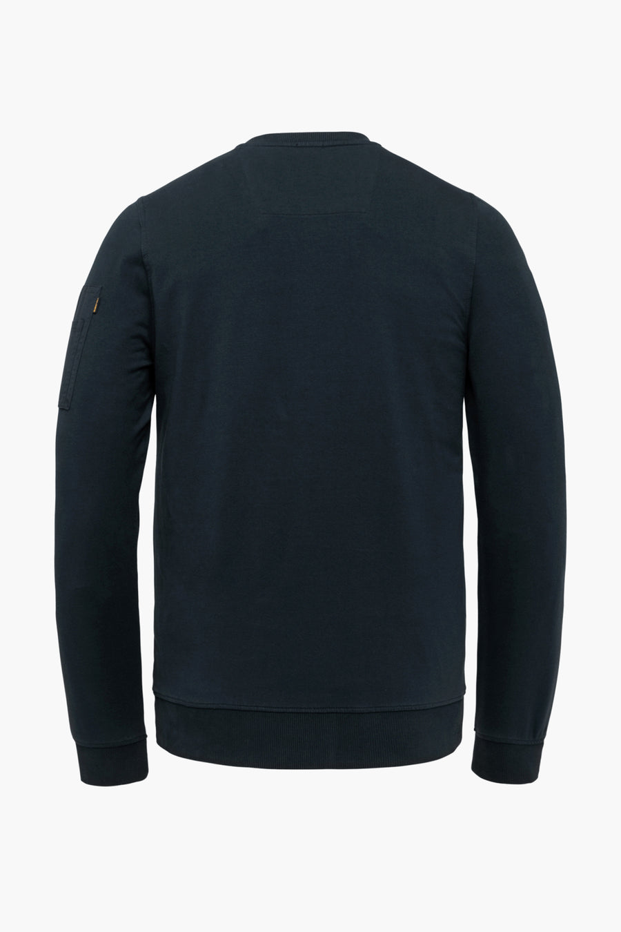 Blauwe sweater van Pme Legend, met een zak met rits op de linkermouw, achterzijde.
