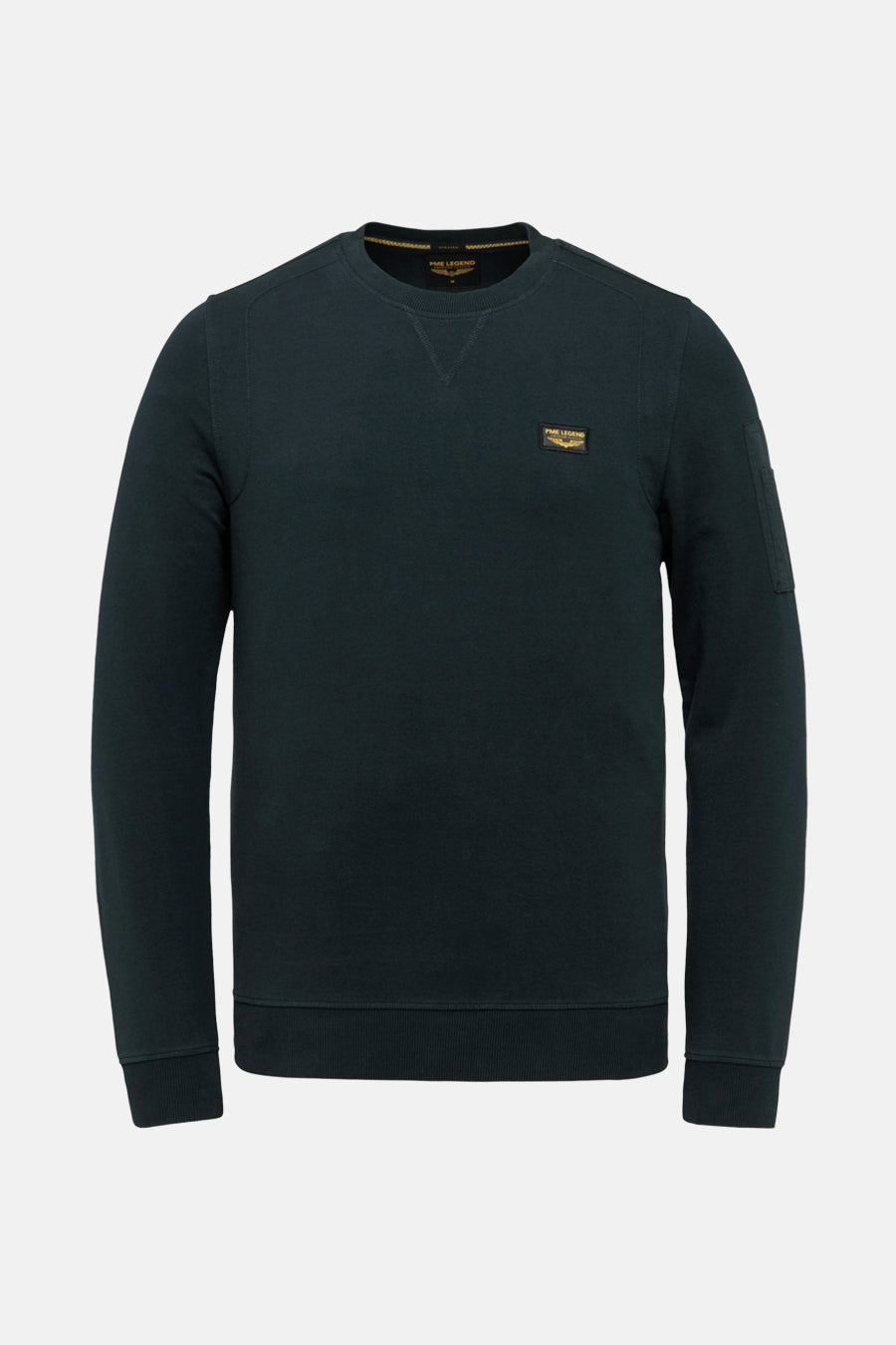 Marineblauwe sweater van Pme Legend met een logo-embleem op de borst en een zak op de mouw.
