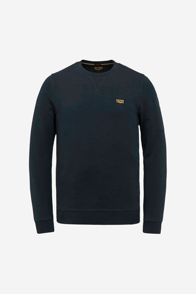 Sweat-shirt col rond bleu de Pme Legend, avec logo discret sur la poitrine et poche sur la manche.