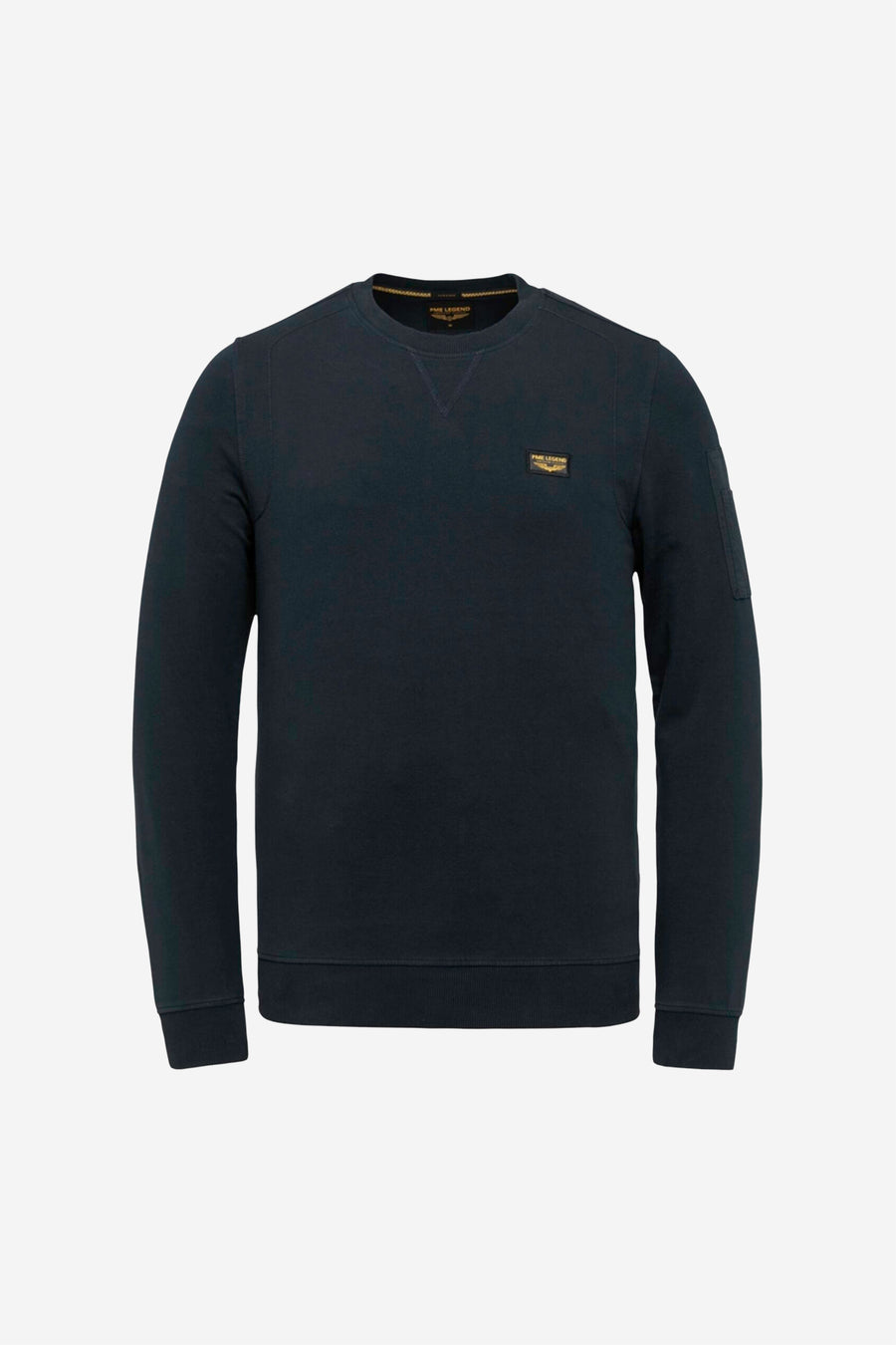 Sweat-shirt col rond bleu de Pme Legend, avec logo discret sur la poitrine et poche sur la manche.