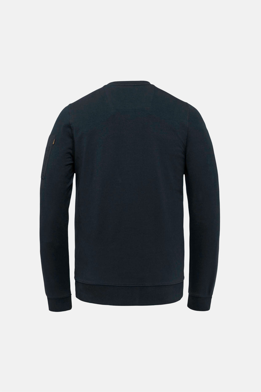 Blauwe sweater van Pme Legend, met een klein zakje met rits op de linkermouw, achterzijde.