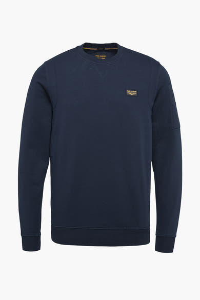 Blauwe Pme Legend sweater met borstlogo en zak op de linkermouw.