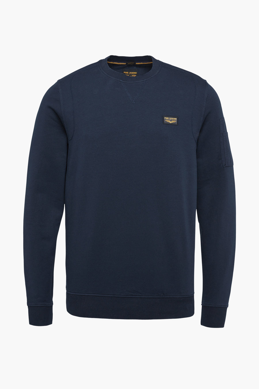 Blauwe Pme Legend sweater met borstlogo en zak op de linkermouw.