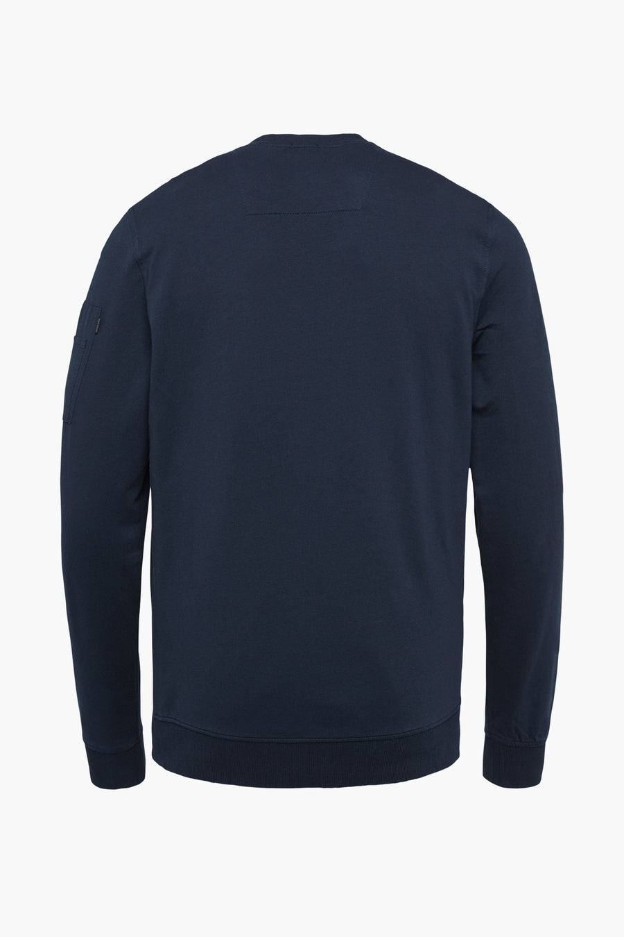 Blauwe sweater van Pme Legend, lange mouwen, detail met zak op de linkermouw, effen achterkant.