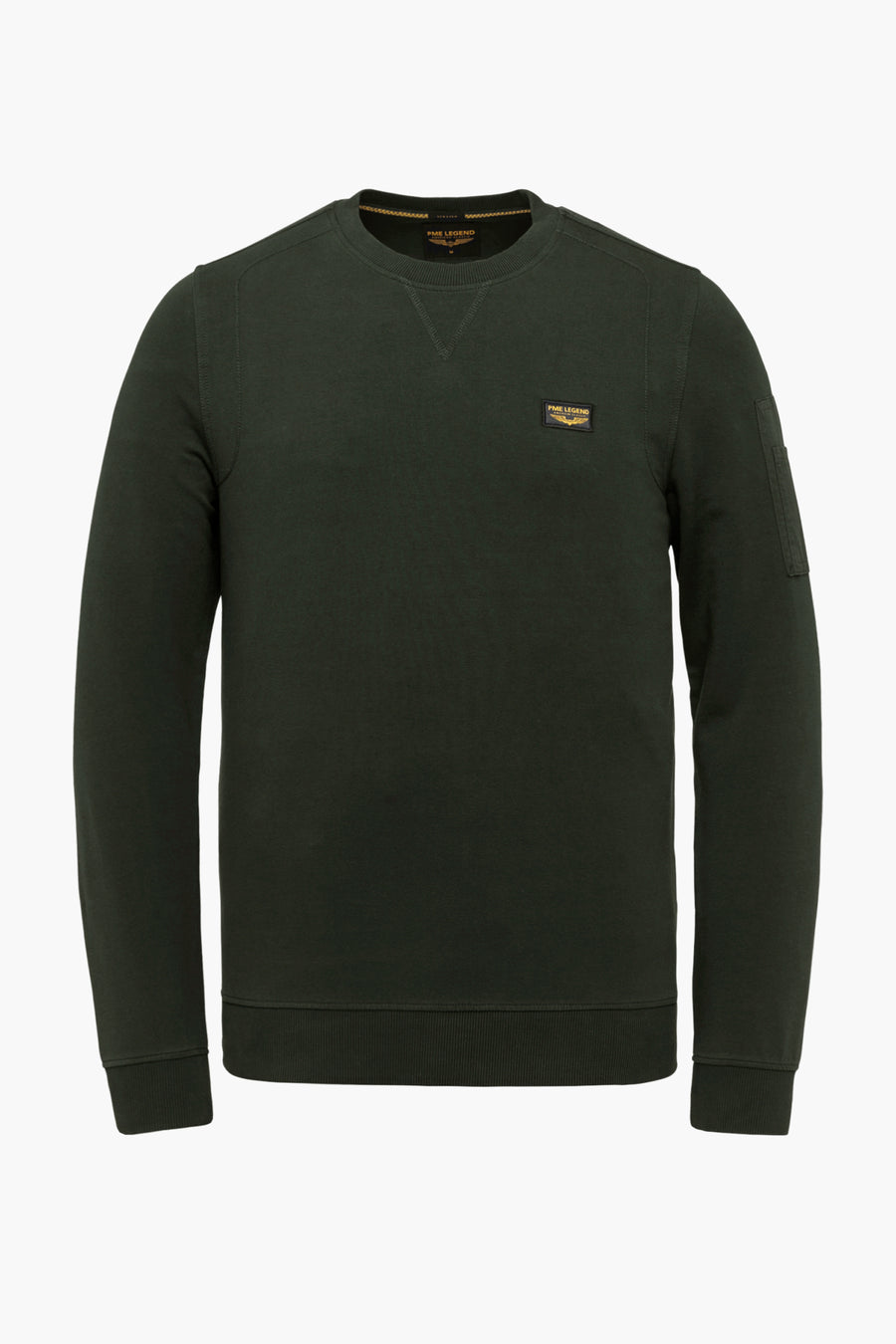 Groen sweatshirt van Pme Legend, achterzijde, met een klein zakje met rits op de linkermouw.