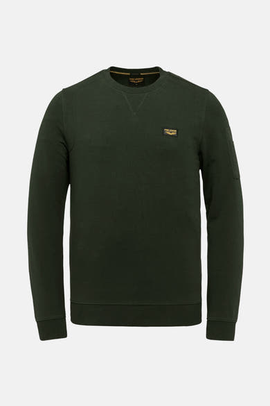 Groene sweater van Pme Legend, met ronde hals en opgestikte zak op de mouw.