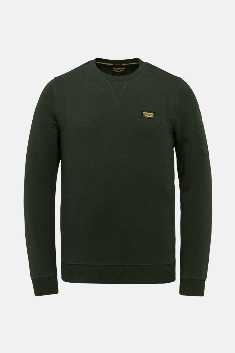 Groene sweater van Pme Legend, met ronde hals en opgestikte zak op de mouw.