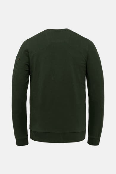 Sweat-shirt vert de Pme Legend, vue arrière, avec une petite poche zippée sur la manche gauche.