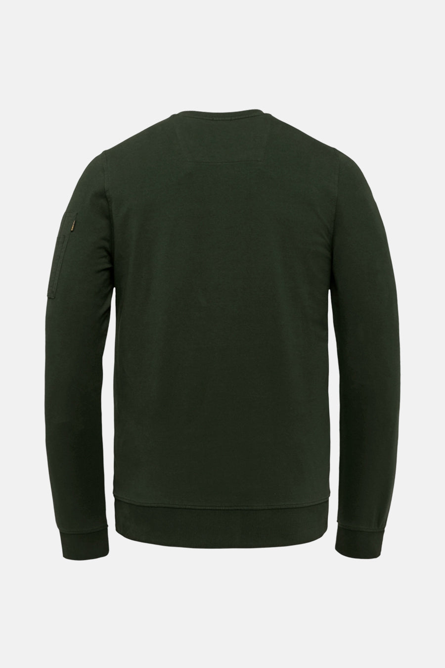 Sweat-shirt vert de Pme Legend, vue arrière, avec une petite poche zippée sur la manche gauche.