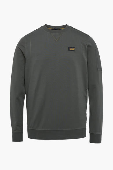 Grijs sweatshirt van Pme Legend, met ronde hals, logopatch en zak op de mouw.