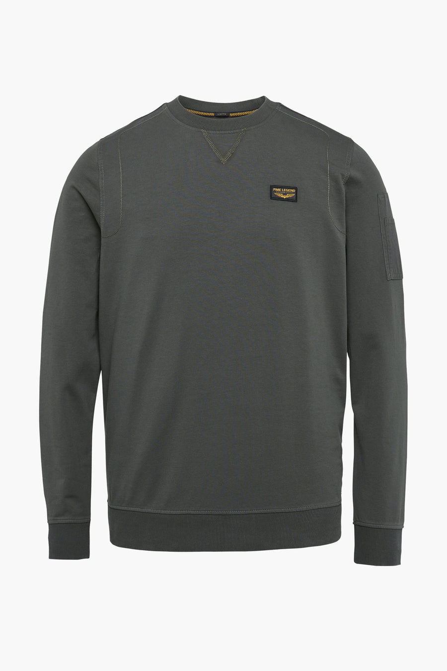Grijs sweatshirt van Pme Legend, met ronde hals, logopatch en zak op de mouw.