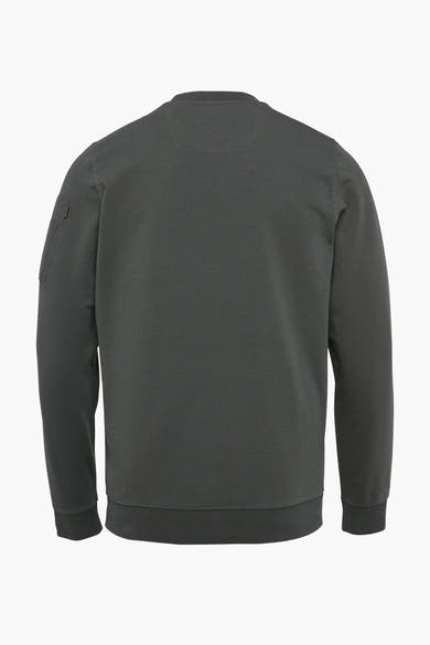 Grijze sweater van Pme Legend, achterzijde, met een zak op de linkermouw.