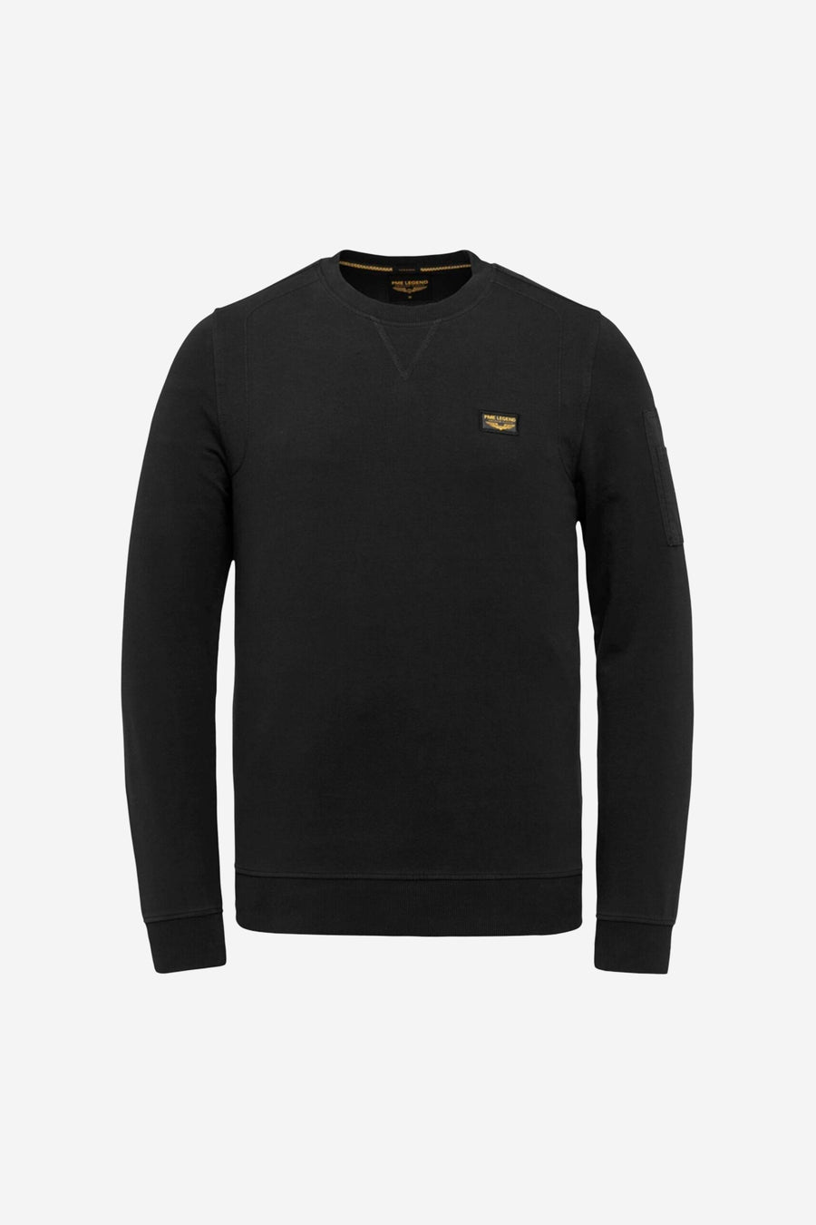 Sweat-shirt noir Pme Legend avec petite poche sur le bras gauche et logo sur la poitrine.
