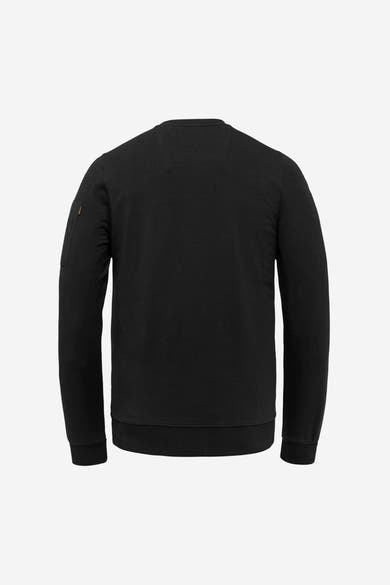 Zwarte rondehals sweatshirt van Pme Legend, met een zak op de mouw en een gladde textuur. Achterzicht.