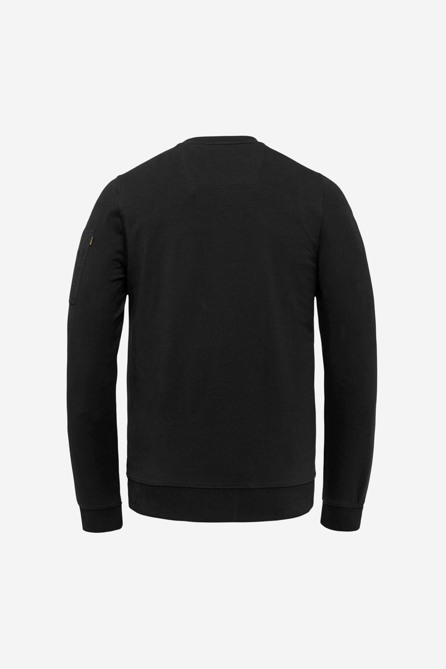 Zwarte rondehals sweatshirt van Pme Legend, met een zak op de mouw en een gladde textuur. Achterzicht.