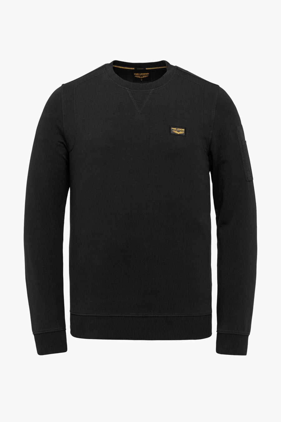 Zwarte sweater van Pme Legend, met logo-embleem op de borst en zak op de mouw.