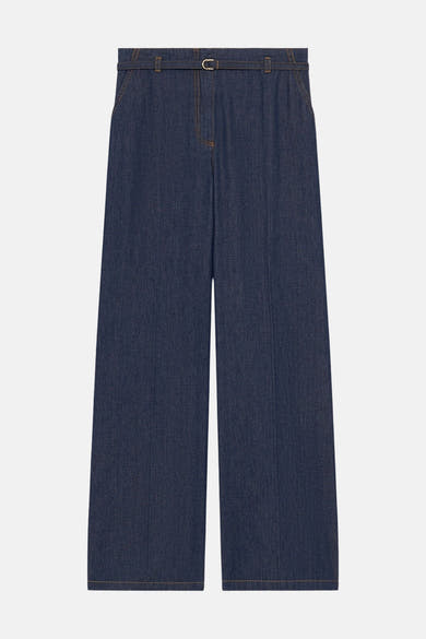 Jean large en denim bleu foncé de CAROLL, avec ceinture intégrée et coutures contrastantes couleur camel.
