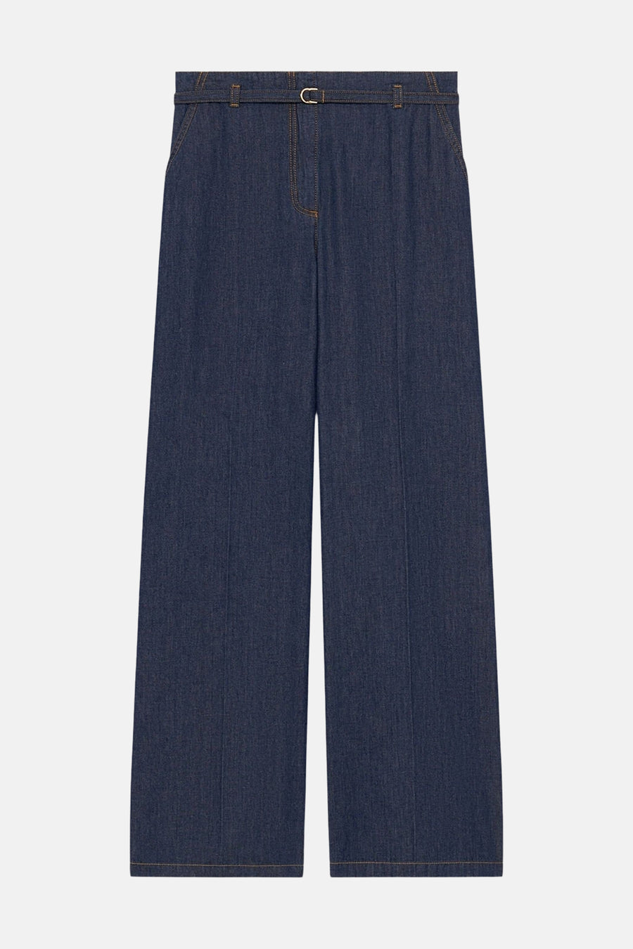 Jean large en denim bleu foncé de CAROLL, avec ceinture intégrée et coutures contrastantes couleur camel.