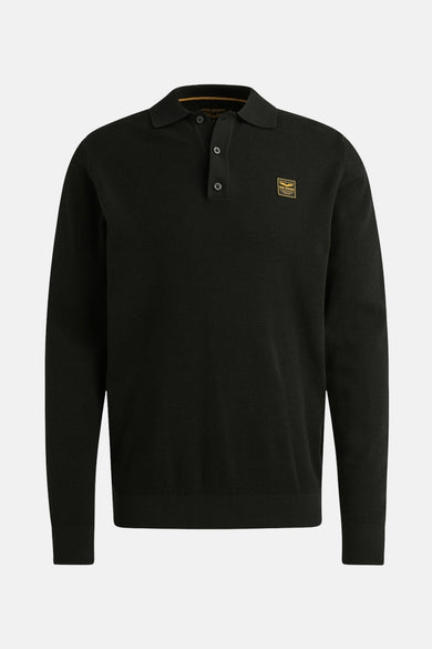 Zwart poloshirt met lange mouwen van PME Legend, honingraatstructuur en gouden detail in de nek.