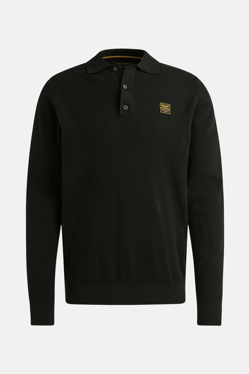 Zwart poloshirt met lange mouwen van PME Legend, honingraatstructuur en gouden detail in de nek.