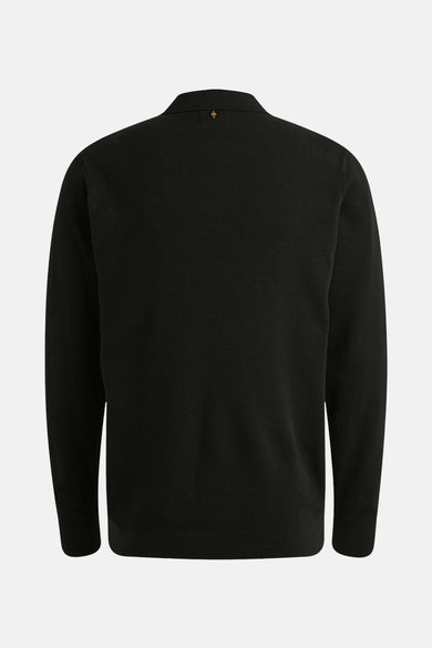 Polo noir à manches longues de PME Legend, texture nid d'abeille et détail doré sur la nuque.