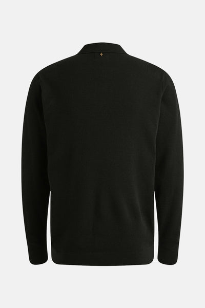 Polo noir à manches longues de PME Legend, texture nid d'abeille et détail doré sur la nuque.