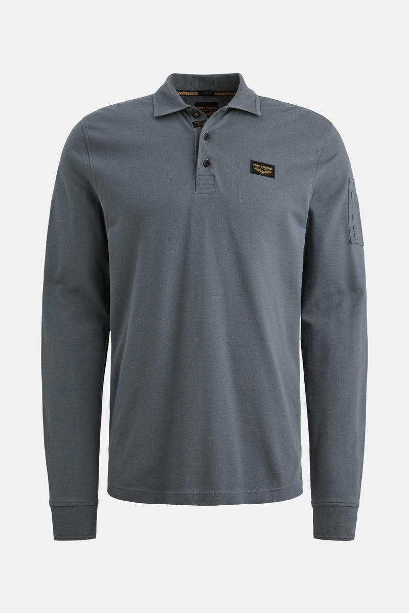 Blauwe longsleeve polo van PME Legend, met zak op de linkermouw en klassieke kraag.